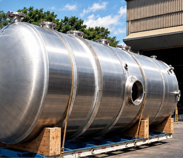 Tanque de armazenagem de etanol em aço inox, fixado para transporte no pátio da fábrica